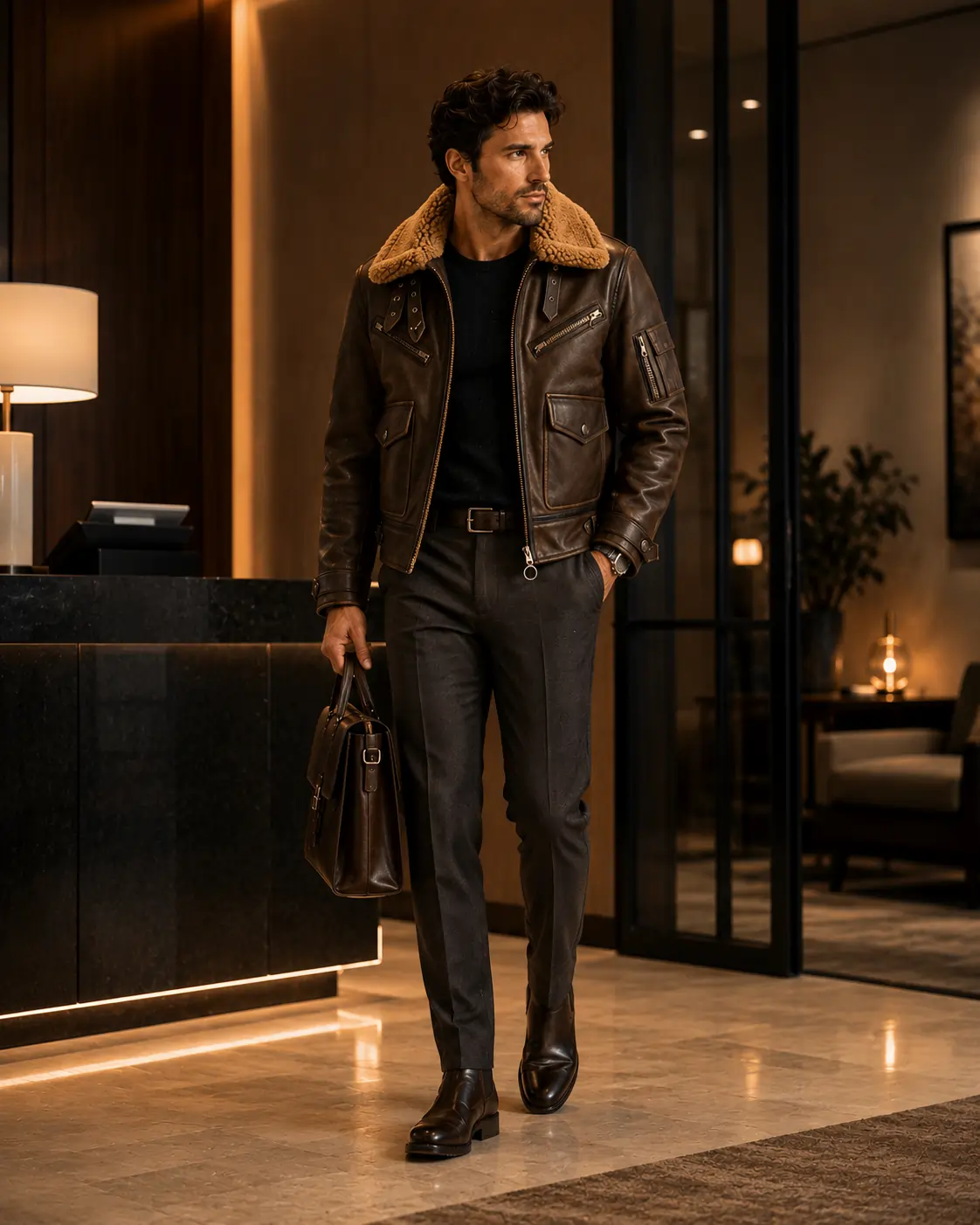 Brown aviator jacket styled with tailored trousers for smart-casual winter
